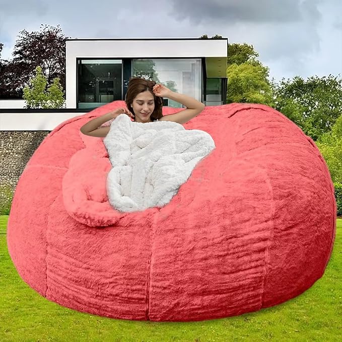 Bean Bag Chair for Adults Kids Without Filler Comfy Giant Round Lazy Sofa Chair Cover Floor Chair Cover for Bedroom Living Room, 7FT, Rose Red
