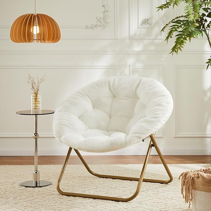 Saucer Chair Faux Fur with Soft and Thick Padded Seat Metal Frame, Modern Style Folding Cozy Chair for Living Room, Bedroom, XL, White