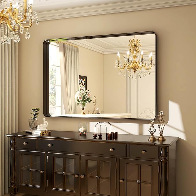 30"x40" Black Bathroom Mirror - Modern Mirror for Wall with Rounded Corners. Bathroom Mirrors for Vanity, Aluminum Alloy Framed Mirror Portrait or Landscape Hang, Rectangle Mirrors