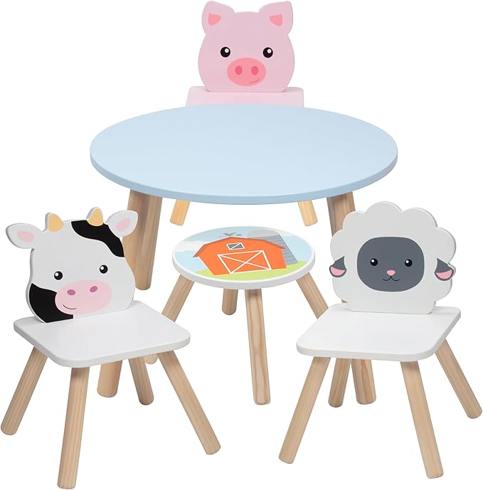 Kids Wooden Animal Table & Chair Set w 4 Seats- Cow Pig Sheep Plus Adult Stool for Arts Crafts, Dining, Pretend Play- Durable Playroom Furniture for Home, Daycare Classroom- Toddler Children Gift