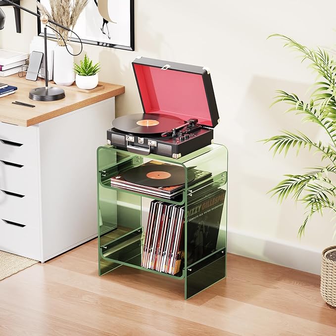 Acrylic Record Player Table with Storage Shelf, Clear Side Table Nightstand (Green)