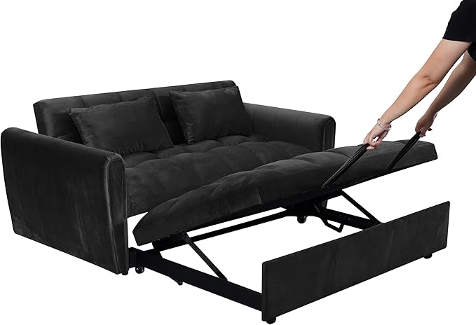 Ball & Cast 65" 3 in 1 Large Sleeper Sofa Bed,Velvet Upholstered Pull Out Couch with Adjustable Backrest&2 Pillows,Convertible Futon Sofa-Bed W/Side Pocket,Loveseat Chaise Lounge for Living Room,Black