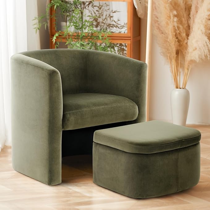 COLAMY Morden Velvet Living Room Side Chair with Storage Ottoman Set of 2, Single Sofa Armchair with Lounge Seat, Upholstered Barrel Accent Chair for Bedroom/Office/Reading Spaces, Green