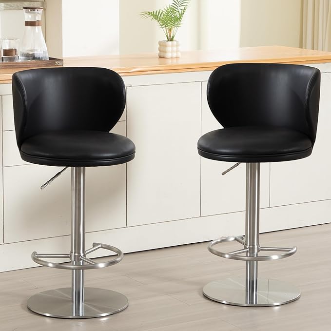 RAINMOOD Bar Stools,Adjustable Stainless Steel Swivel Barstools,Faux Leather Upholstered Bar Chair with Back and Footrest, for Bar, Kitchen Counter, Dining Room