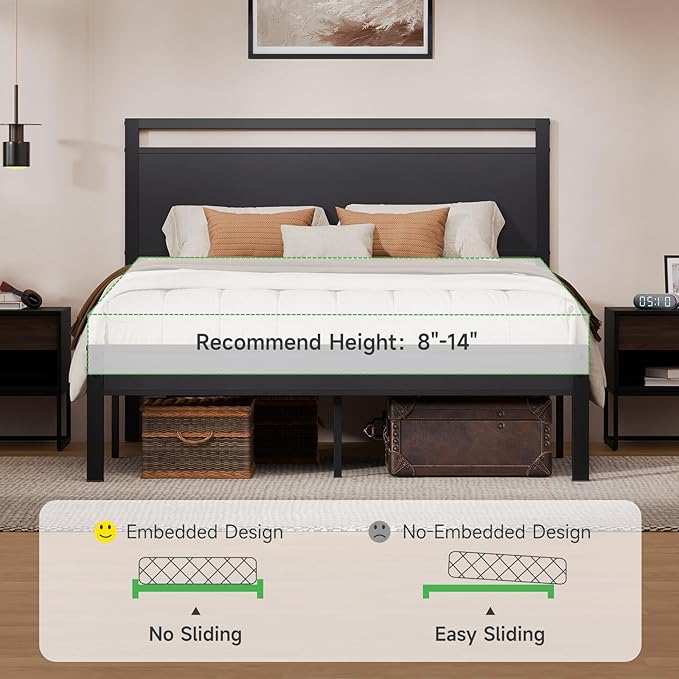 Z-hom Queen Bed Frame with Modern Wood Headboard & Footboard, Upgraded Heavy Duty Metal Sturdy Bed Frame Queen Size, Stable Platform Bed Furniture Bed Storage, No Noise, No Box Springs, Black