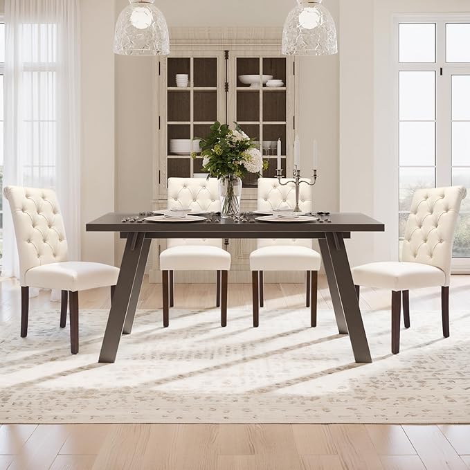 COLAMY Tufted Dining Chairs Set of 4, Accent Parsons Diner Chair Upholstered Fabric Stylish Kitchen Chairs with Solid Wood Legs and Padded Seat, Beige