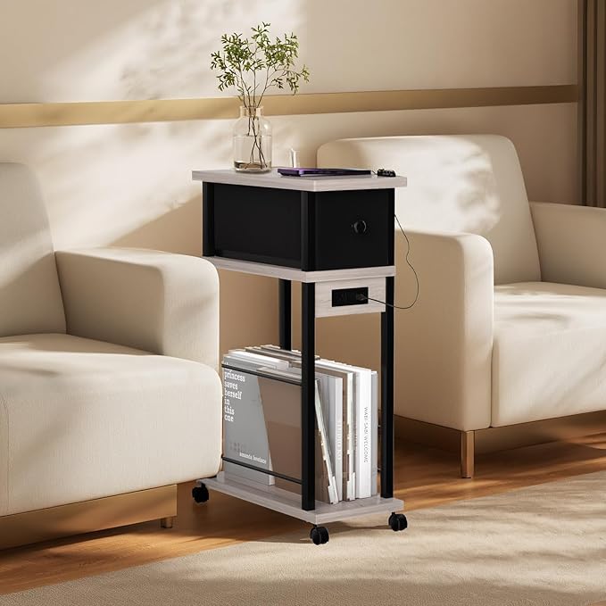 Side Table Set of 2,Side Table with Charging Station and Drawer, Narrow End Table with USB Ports and Outlets for Small Space, Living Room, Bedroom and Office, with 4 Wheels