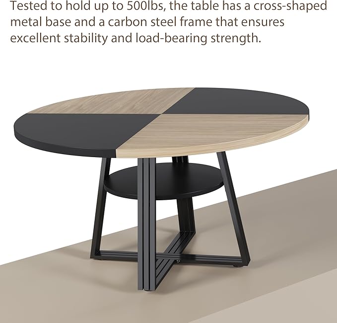 GarveeHome Round Dining Table for 4-6, 47.2" Farmhouse Kitchen Table with Storage, Circle Dinner Tables for Kitchen, Dining Room, Living Room, Meeting Room, Apartment, Natural and Black