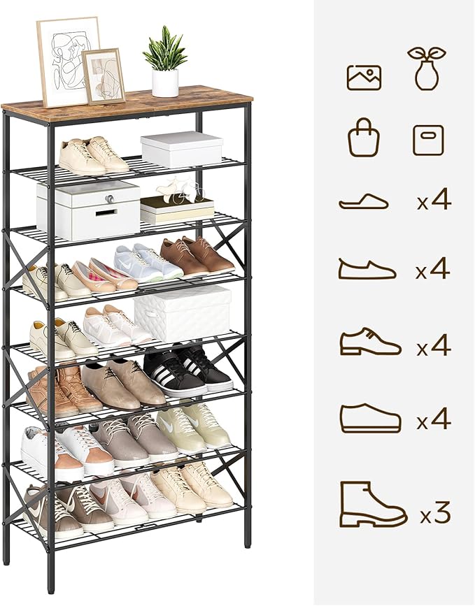 8 Tier Shoe Rack, Shoe Storage Organizer, Large Capacity Shoe Shelf Holds 32 Pairs of Shoes, Durable and Stable, for Entryway, Hallway, Closet, Dorm Room, Rustic Brown SS08BR