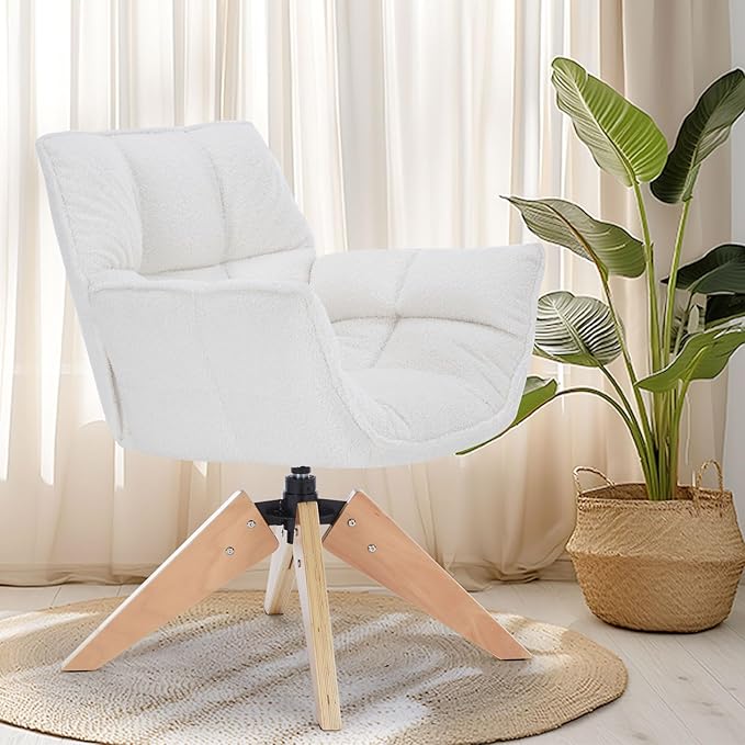 Mid Century Accent Chair, Lambs Wool Vanity Chair Modern Cozy Desk Chair no Wheels with Amrest, Wood Legs for Living Room, Reading Room, Bedroom, White