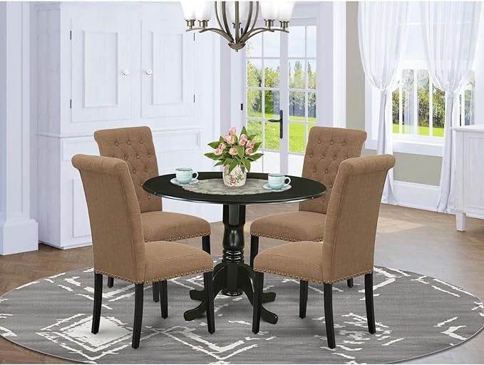 East West Furniture DLBR5-BLK-17 5 Piece Kitchen Table & Chairs Set Includes a Round Dining Room Table with Dropleaf and 4 Light Sable Linen Fabric Parsons Chairs, 42x42 Inch, Black
