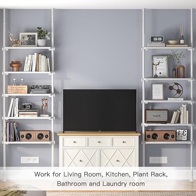 ALLZONE 5 Tiers Narrow Bookshelf, Tall Adjustable Ladder Book Shelf with Open Storage, Floor to Ceiling Tension Mount, Wooden Industrial Bookcase for Living Room, 92 to 116 Inch, White