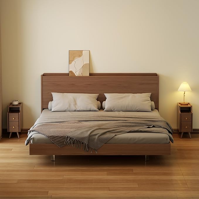 Small Nightstand with Drawers, Solid Wood Bedside Table, Narrow Walnut Nightstand for Bedroom
