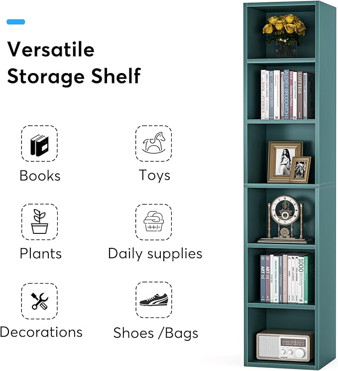 LITTLE TREE 70.9 Inch Tall Narrow Bookcase, Corner Bookshelf 6 Tier Cube Display Shelf Storage Organizer for Small Space, Blue