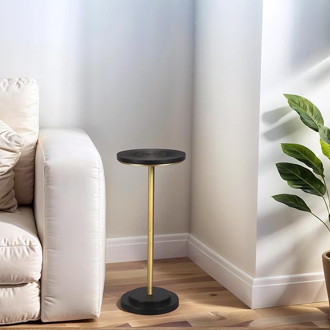 Drink Table Set of 2, Small Round Pedestal Side Table with Carved Top for Living Room, Bedroom, Small Space, Corners and Office, Gold and Black