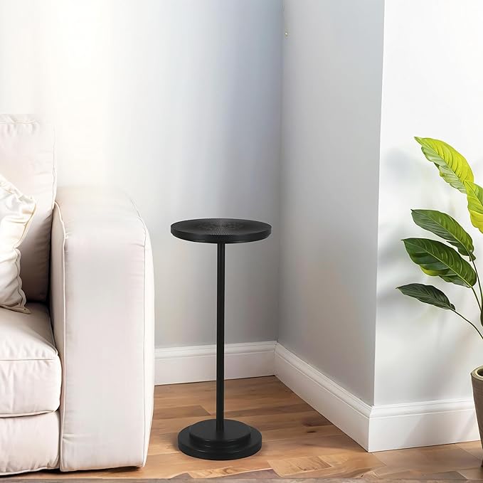 Drink Table Set of 2, Small Round Pedestal Side Table with Carved Top for Living Room, Bedroom, Small Space, Corners and Office, Black