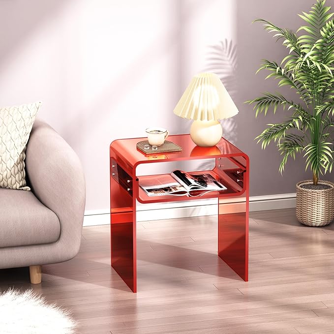 Clear Acrylic End Table 2-Tier Bedside Nightstand for Living Room Bedroom (1, Red)