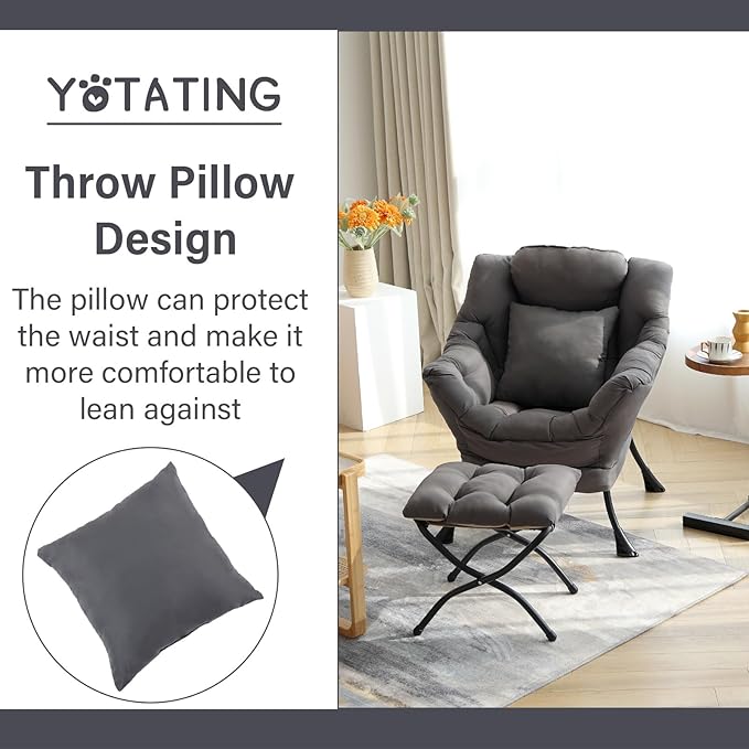 Lazy Chair with Ottoman, Comfy Reading Lounge Chair with Footstool & Throw Pillow Modern with Armrests & Side Pocket for Living Room, Bedroom, Dorm Room, Dark Grey
