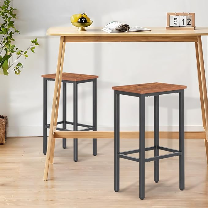 Athena Collection Bar Stools Set of 2, 26 Inches Counter Height Bar Stools Backless with Metal Legs and Footrest, Wood Barstools for Home, Kitchen Island, Counter, Brown
