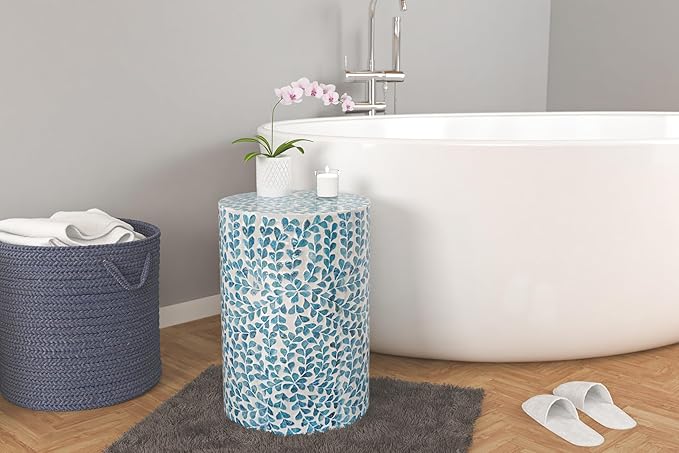 PEMAR Mother of Pearl Inlaid Cylinder Drum End Table Nacre Capiz Shell Side Table Stool Round Coffee Bedside Accent Nightstand and Vanity Stool (Teal Floral)