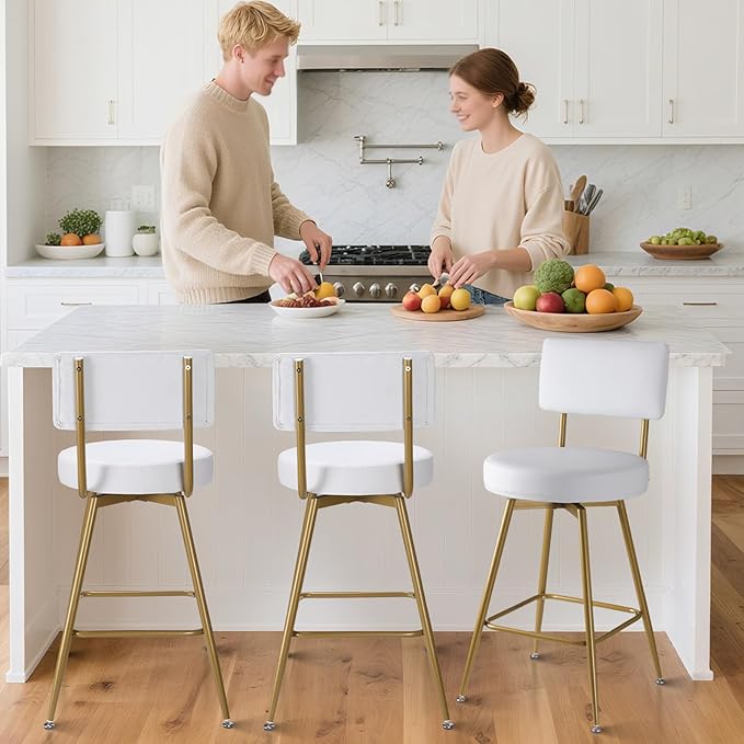 Gold White Bar Stools Set of 2, Modern Counter Height Bar Stools, 25" Upholstered Swivel Round Barstools with Back Bar Chair Island Stool for Kitchen Counter, White Gold