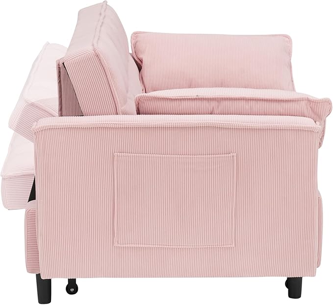 Ball & Cast Convertible Sofa Bed,Loveseat Sleeper Sofa W/Pull-Out Bed,Convertible Pull Out Couch W/2 Pillows,Adjustable Backrest&Side Pocket,Corduroy Futon Couches for Living Room,Apartment,Pink,54"