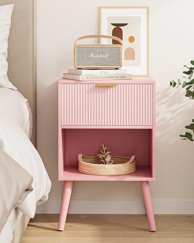 Nightstand, Small Side Table, Bedside Table with Drawer, Modern Night Stand, End Table for Bedroom, Living Room (Pink Stripe)