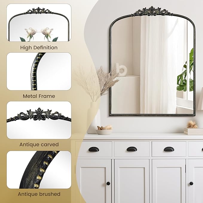 WallBeyond Gold Vintage Arched Mirror, 28x36 Inch, Black Ornate Frame, Wall Mounted, Rectangular, Art Deco Style for Bathroom, Living Room, Bedroom