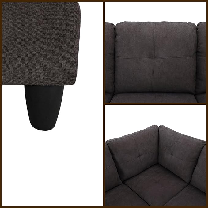L Shaped Couch Sectional Couches with Chaise, Fluffy Fabric 3 Pieces Modular Convertible Sofa for Living Room Furniture Sets and Small Apartment, Dark Brown