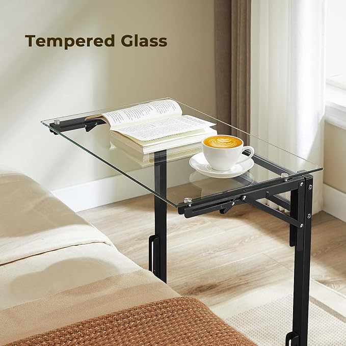 Tatub 24" Folding C Shaped End Table, Small Tempered Glass Side Table for Couch or Bed, Foldable TV Tray Laptop Desk with Black Metal Frame