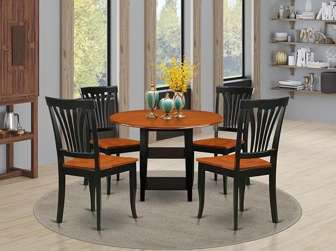East West Furniture SUAV5-BCH-W 5 Piece Dining Room Furniture Set Includes a Round Dining Table with Dropleaf & Shelves and 4 Wood Seat Chairs, 42x42 Inch, Black & Cherry