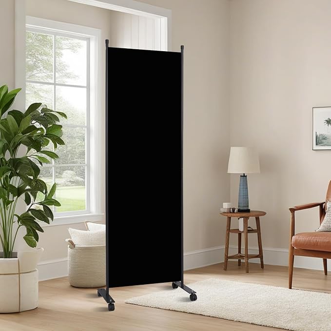 Room Divider 6FT Room Partition with Lockable Wheels, (Thicked Metal Base) Room Dividers, Freestanding Indoor Folding Privacy Screens, Portable Fabric Wall Divider for Room Separation, Black