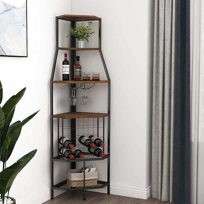 5-Tier Corner Wine Rack Floorstanding with Glass Holder and Bottles Wine Storage Home Bar Furniture for Home Kitchen Dining Room Industrial Metal and Wooden Corner Shelf