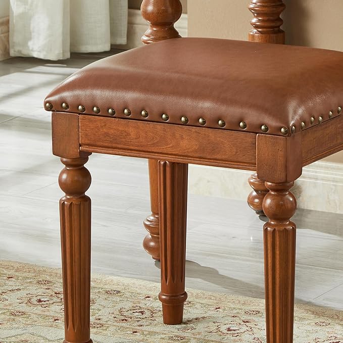 Vanity Bench Stool with Microfiber Leather Cushion, Vanity Chair Ottoman Dressing Stool with Solid Wood Legs for Bedroom, Makeup Room, Dressing Room (Flat Brown)