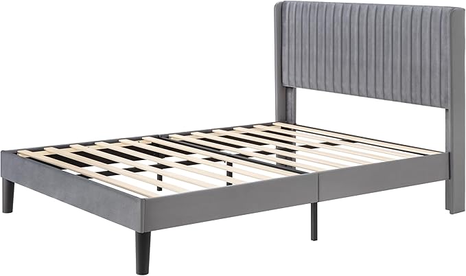 Allewie Full Size Velvet Bed Frame/Vertical Channel Tufted Wingback Headboard/Upholstered Platform Bed/Strong Wooden Slats/No Box Spring Needed/Easy Assembly/Grey