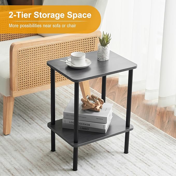 Apicizon 2 Tier End Table Set of 2, Boho Side Table with Storage Shelf, Nightstand Bedside Table for Small Spaces, Bedroom, Living Room, Entryway, Farmhouse, Easy Assembly, Grey
