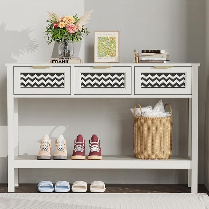 Entryway Table, Boho Console Table with 3 Storage Drawers and Storage Shelf, Sofa Table with Socket, for Entryway, Living Room, Behind Couch and Hallway (White)