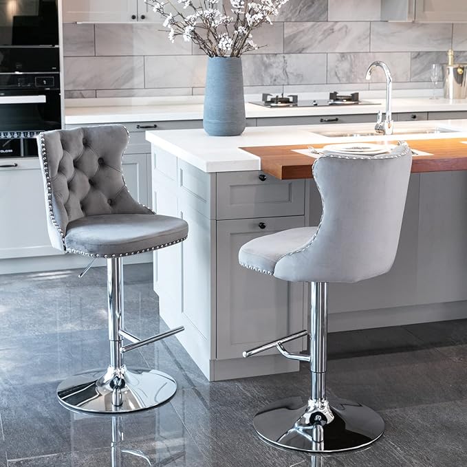 PacknWood Acosure Swivel Velvet Barstools Adjusatble Seat Height from 25-33" with Comfortable Tufted,Modern Upholstered Chrome Base Bar Chairs,for Home Pub Kitchen,Gray,Set of 2
