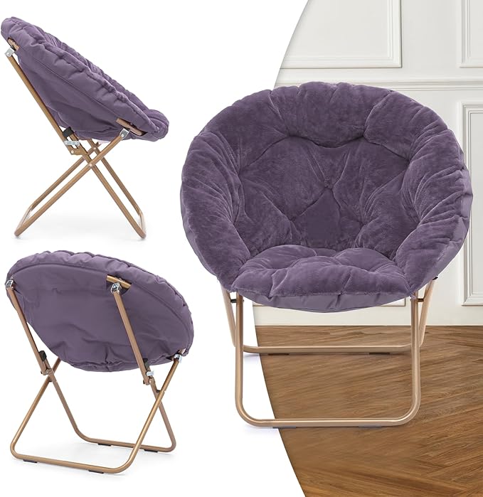 MoNiBloom Round Folding Faux Fur Saucer Chair for Bedroom Living Room Dorm Foldable Metal Frame Oversized Large Comfy Furry Padded Soft Cozy Moon Chair with Footrest Ottoman for Adults (Purple)