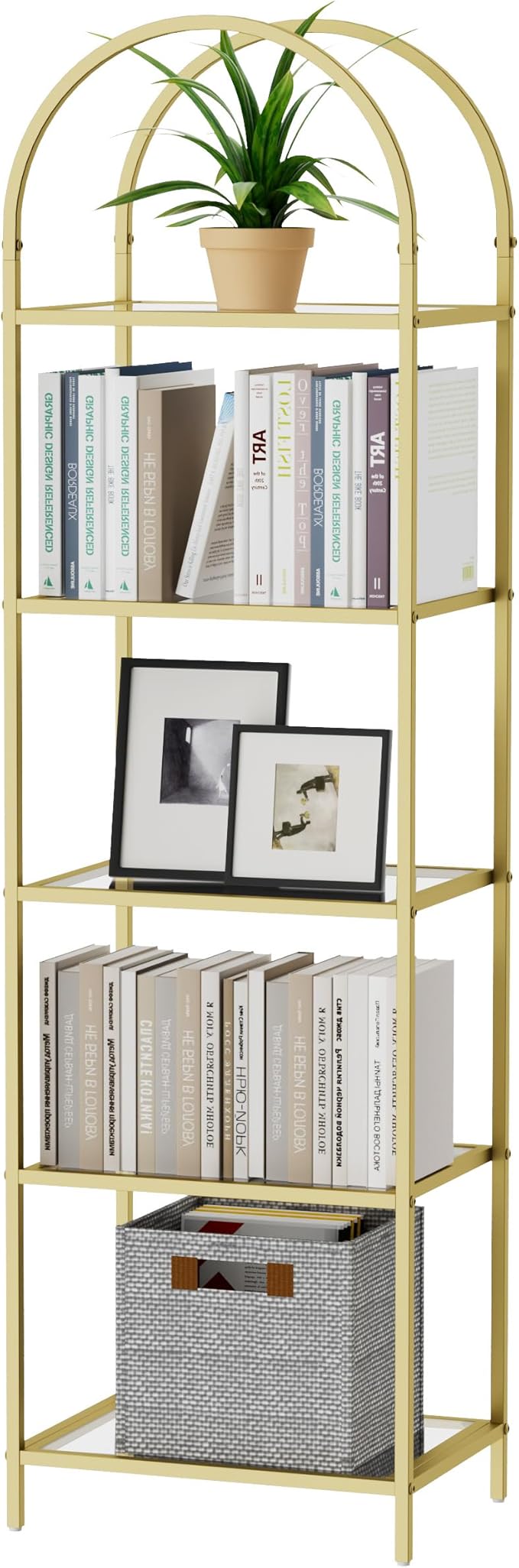 Homhedy Bookshelf Arched Display Racks,Metal Bookcase,Tempered Glass Shelves,Storage Rack Shelf for Home Office,Living Room,Bedroom, Bathroom,Modern Style (Golden, 11.8" D x 13.8" W x 57.1" H)