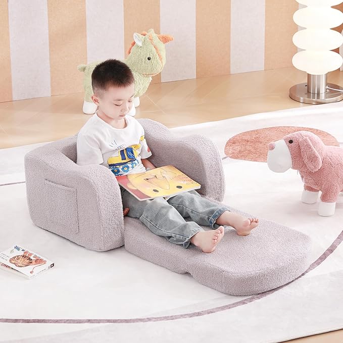 Tiita Kids Sofa, 2-in-1 Kid Sofa Chair, Convertible Chirldren Couch to Lounger, Flip Out Kids Sofa Chair, Toddler Armrest Chair Bed, Folding Kids Play Sofa for Girl or Boy, Grey