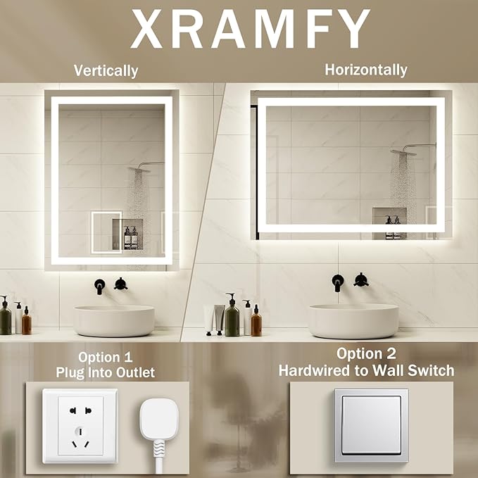 38'' x 26'' LED Bathroom Mirror with Lights, Wall Mirror with Front and Backlight, 3 Colors Vanity Mirror with Lights, Anti-Fog Wall Mirror for Bathroom