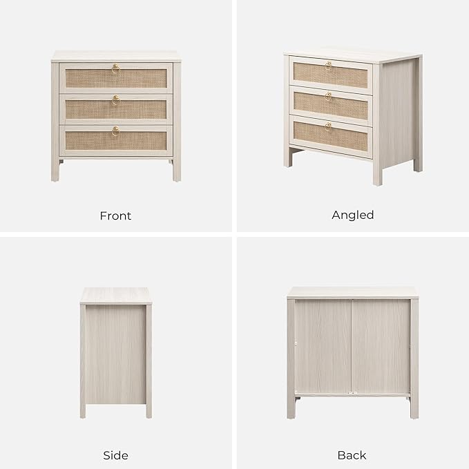 SICOTAS White Night Stand with Drawers - Large Rattan Bedside Table with Golden Handle, 3 Drawers Nightstand Tall End Table Side Table Boho Nightstand for Bedroom