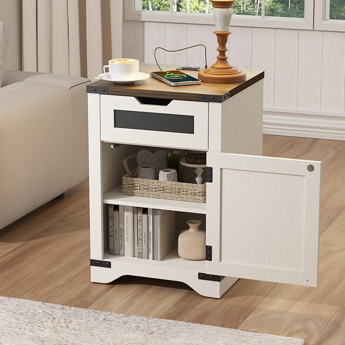 Farmhouse End Table Set of 2 with Charging Station, 26.4" Tall Rustic Nightstand with Drawer and X Barn Door, Antique White Country Bedside Sofa Side Table for Living Room