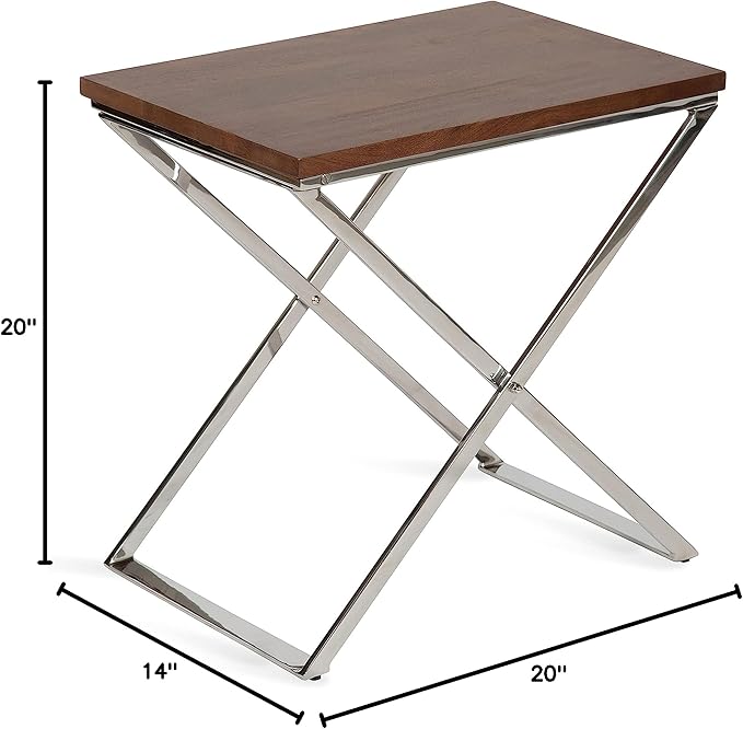 Kate and Laurel Laraway Modern Side Table, 21 x 15 x 21, Walnut Brown and Silver, Metal End Table with Solid Wood Tabletop and Foldable Frame