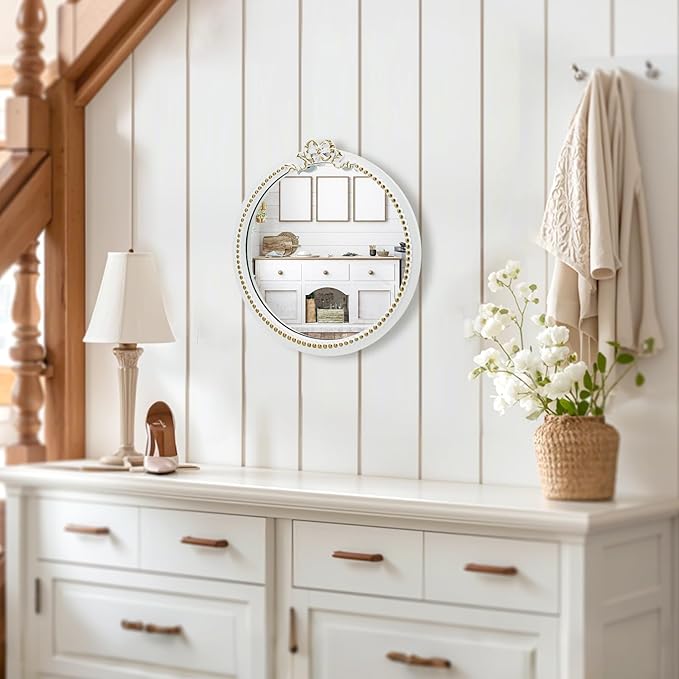Vintage Round Wall Mirror 11.8inch Small Farmhouse Wooden Vanity Mirror for Wall Decor, Decorative Antique White Nursery Mirrors, Traditional Art Home Bow Decor for Living Room,Bedroom