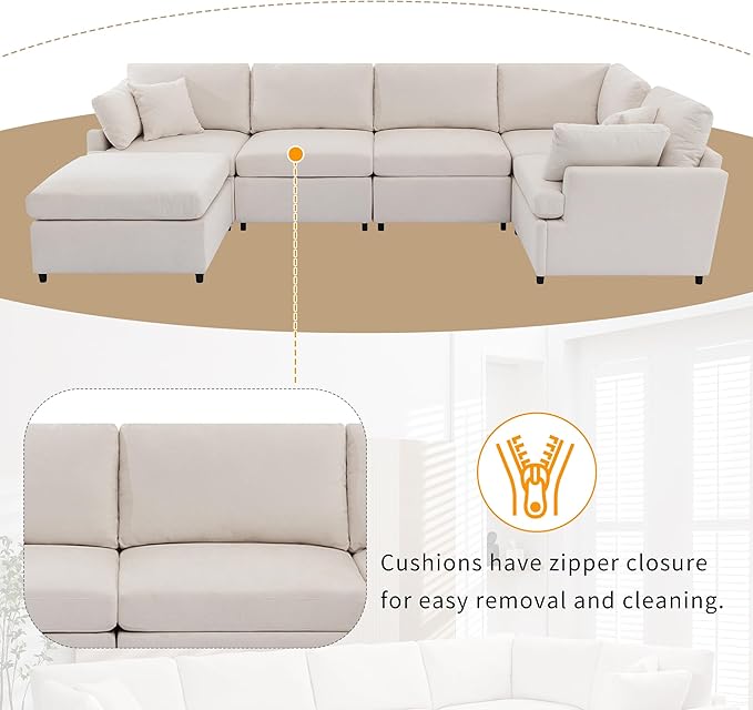 Merax 6-Seater Modern Large U-Shape Sectional Sofa, with Removable Ottomans for Living Room,Beige