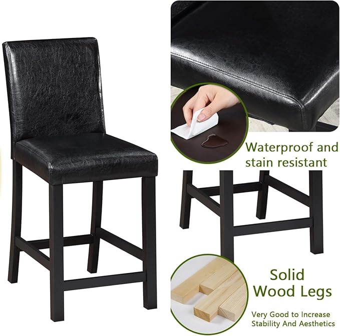 5PCS Wooden Counter Height Table Set, Square Table and 4 Upholstered Chairs, Dining Table with Crystal Decoration, for Kitchen, Dining Room,Black