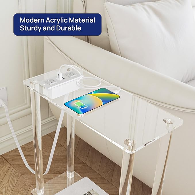 HMYHUM Acrylic Narrow Side Table with Charging Station, 7" Width, 2 Tier Small End Table for Small Spaces, Skinny Nightstand/Bedside Table with USB Ports & Outlet, Clear