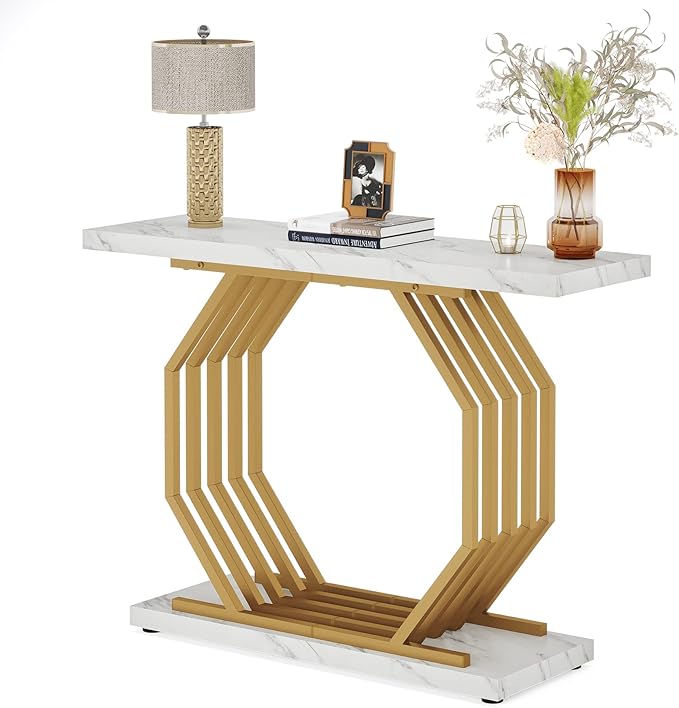 Tribesigns Gold Console Table, Faux Marble Entryway Table Narrow Sofa with Geometric Metal Base, 40 Inch Modern Accent Entrance for Living Room, Hallway, Foyer, White and Gold